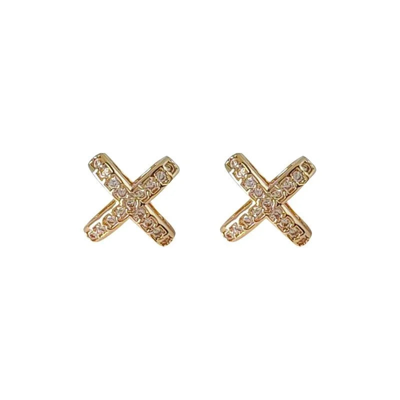 Copper Zircon Double Layer Cross Stud Earrings, Minimalist French Geometric Korean Style