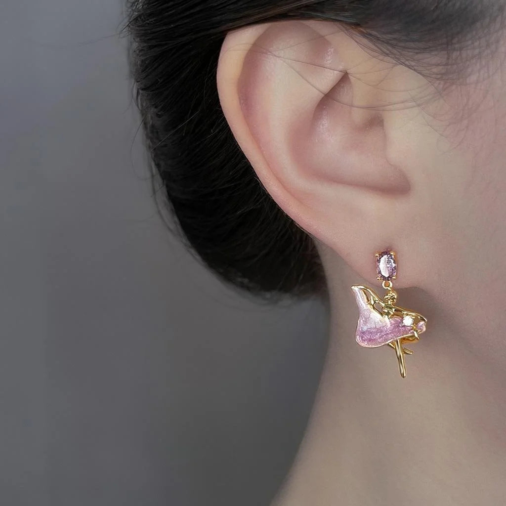 Sweet Enamel Ballet Girl Drop Earrings With Zircon Silver Plated Copper Gradient Doll Design
