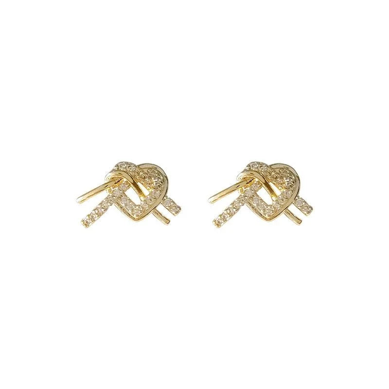 French Vintage Copper Heart Knot Stud Earrings With Micro Pave Zircon Sweet Mini Jewelry