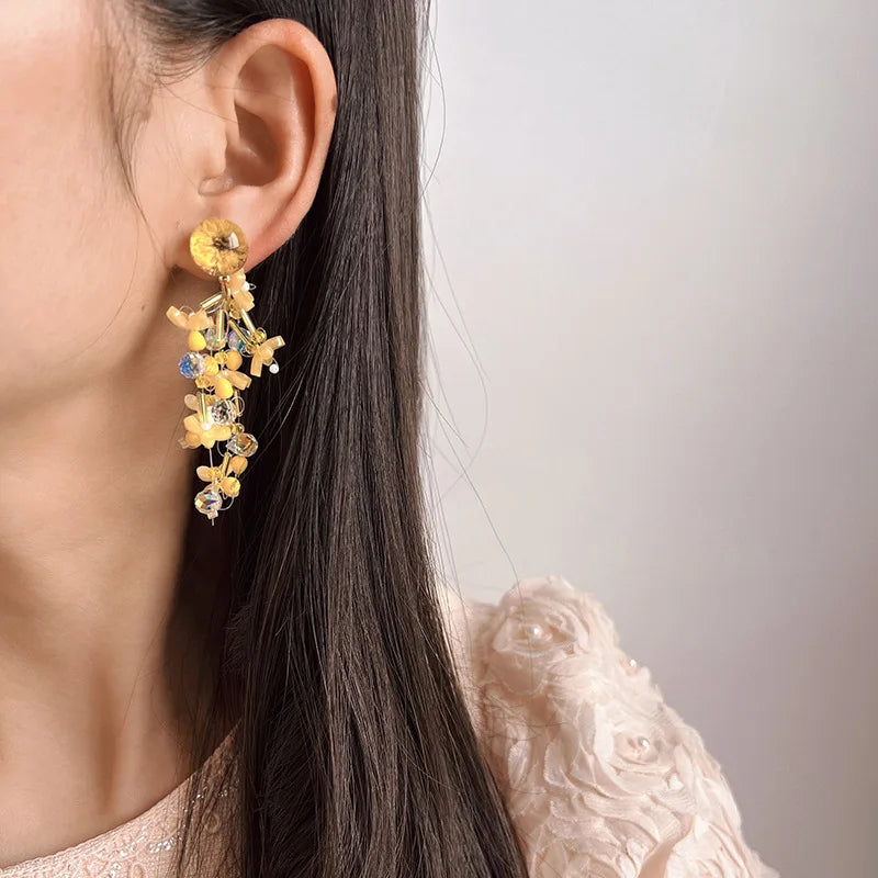 Elegant Yellow Flower Beaded Tassel Crystal Stud & Clip On No Piercing Long Dangle Earrings