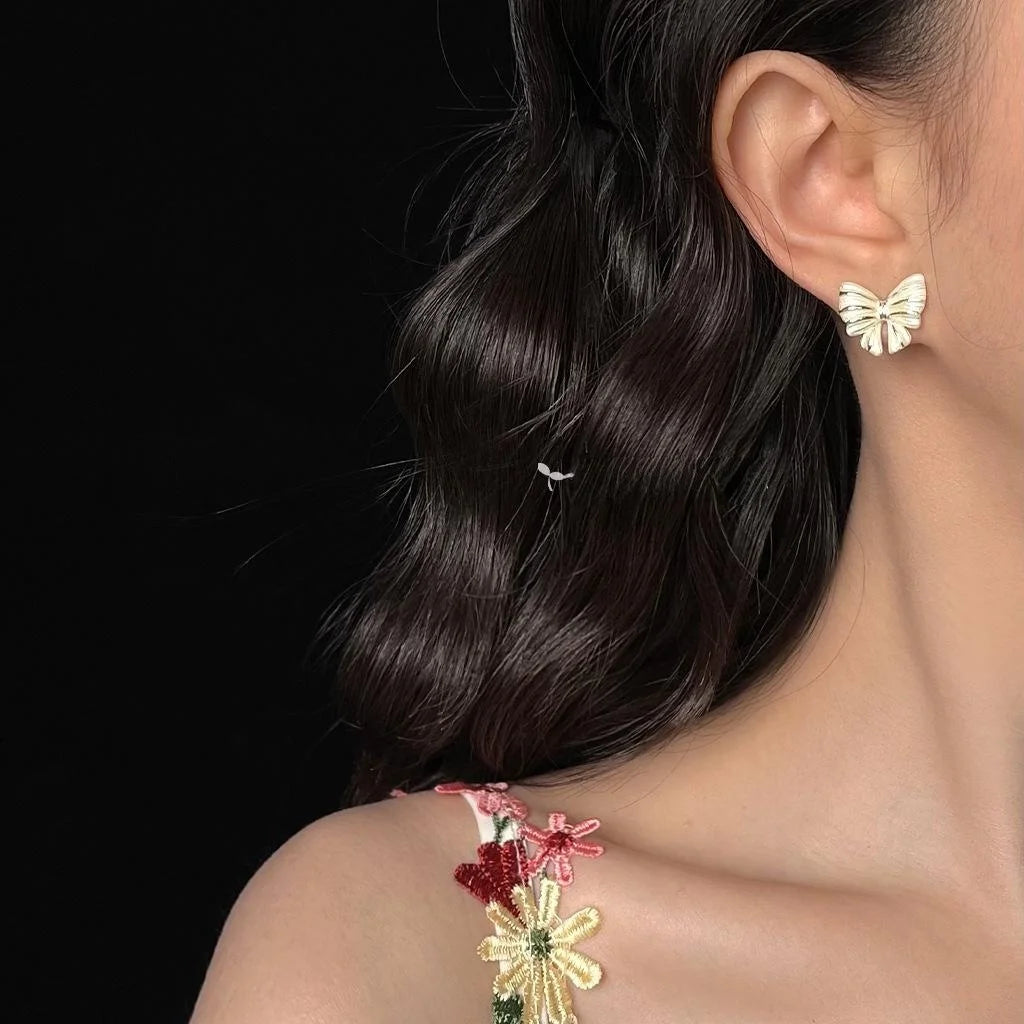 Elegant White Bow Stud Earrings Copper Fashion Jewelry