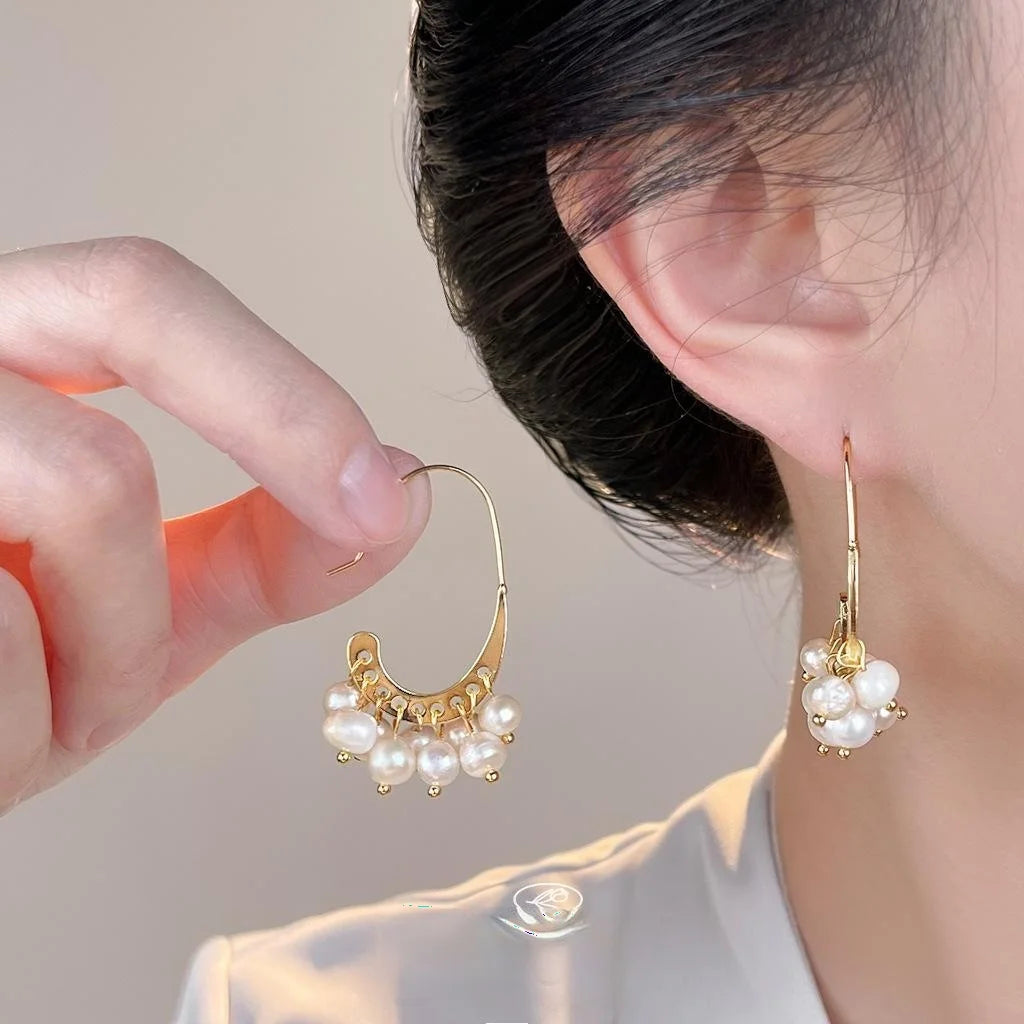 Handmade Freshwater Pearl Geometric Drop Earrings Light Luxury Fashion Jewelry