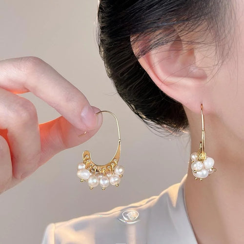 Handmade Freshwater Pearl Geometric Drop Earrings Light Luxury Fashion Jewelry