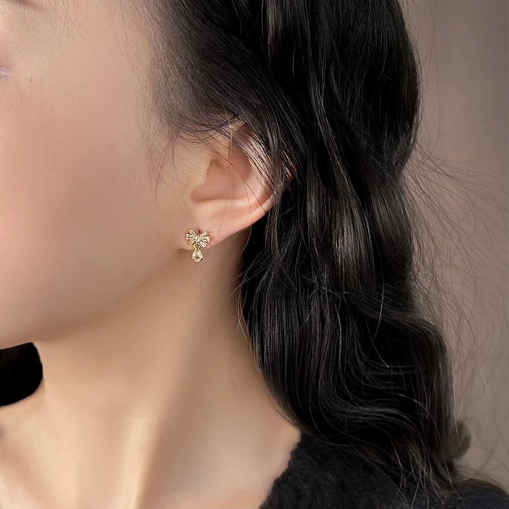 14K Gold Plated Copper Micro Pave Zircon Bowknot Water Drop Stud Earrings For Women