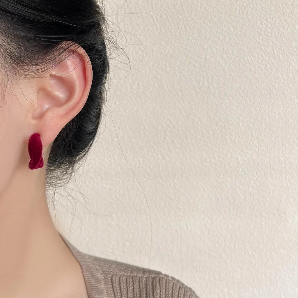 Hong Kong Retro Burgundy Flocked Textured Cross Round Copper Drop Earrings