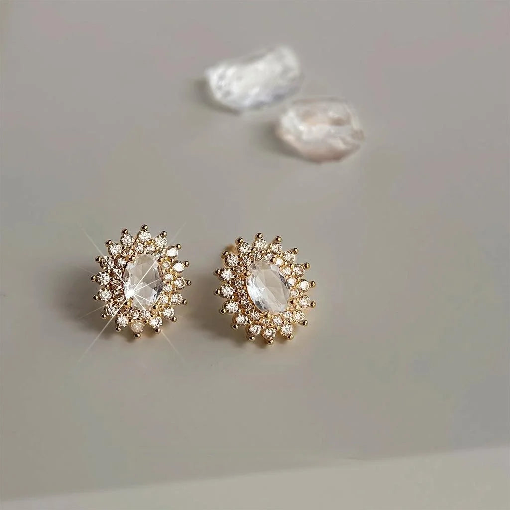 Light Luxury Copper Zircon Oval Geometric Sun Stud Earrings For Women