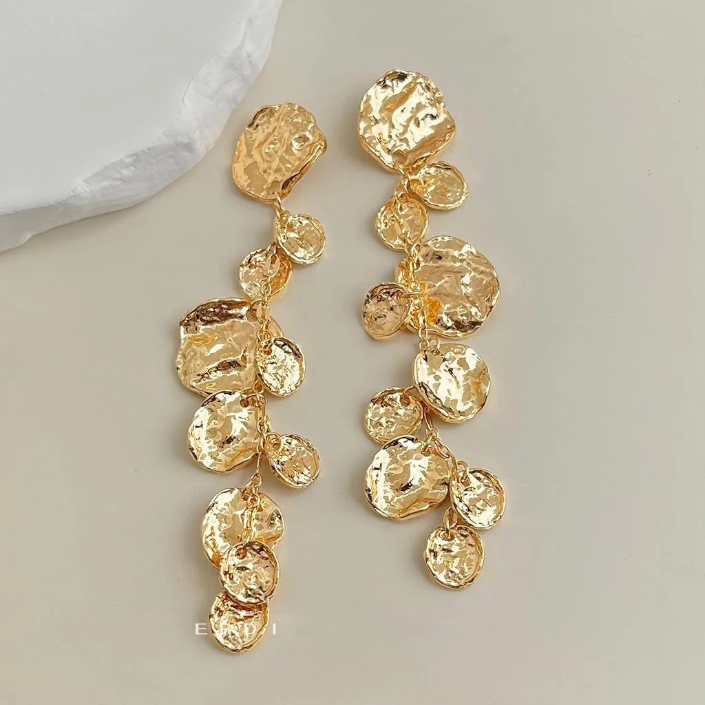 14K Gold Plated Floral Petal Tassel Drop Earrings, Luxury Statement Style