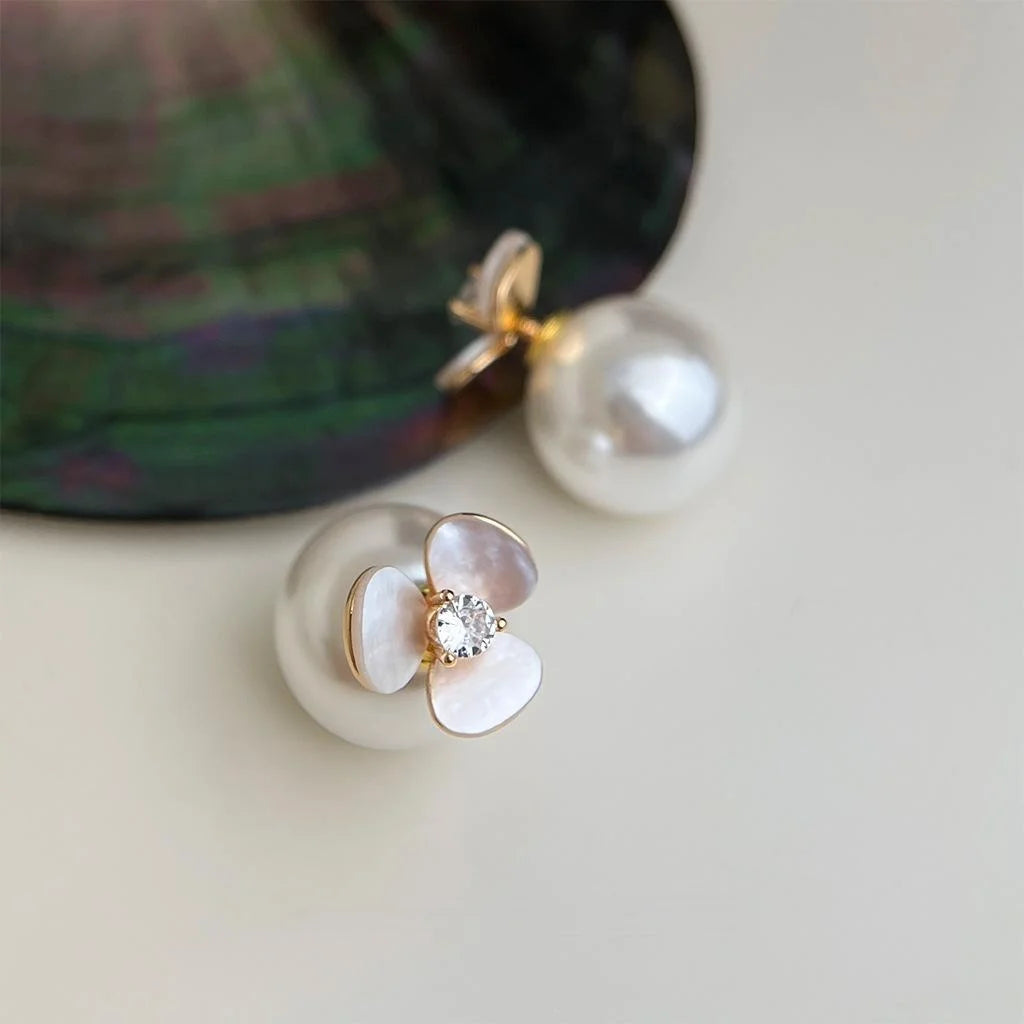 Elegant Real Shell Flower Zircon Inlaid Pearl Flower Drop Earrings For Women