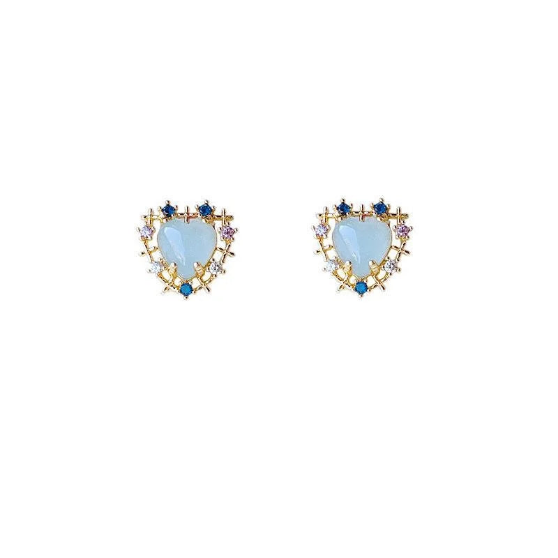 Micro Pave Heart Zircon Stud Earrings 14K Plated Sweet Cool Trendy Ear Jewelry