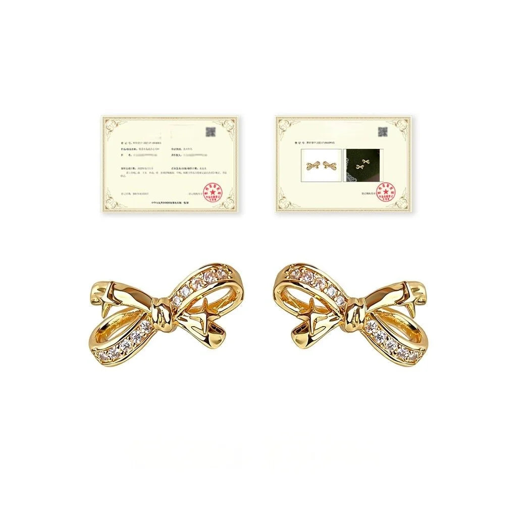 Light Luxury Micro Pave Zircon Bow Stud Earrings Copper Star Accent