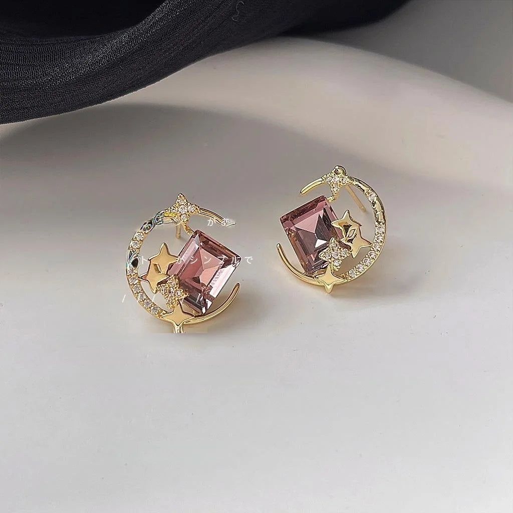 Light Luxury Copper Zircon Moon Star Glass Crystal Drop Earrings For Women