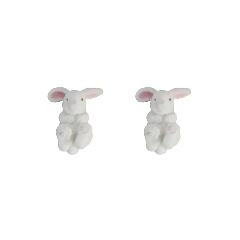 Cute Flocked Resin Rabbit Stud Earrings With Silver Plated Pins, Korean Sweet Girl Winter Jewelry