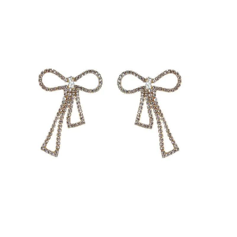 Luxury 14K Plated Copper Rhinestone Bow Drop Earrings With Silver Plated Pins For Women