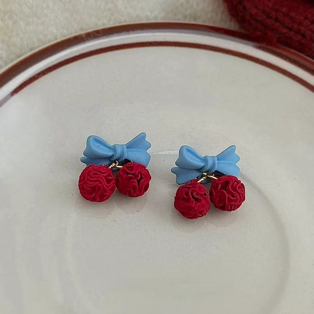 Sweet Preppy Enamel Cherry Bow Copper Drop Earrings For Women
