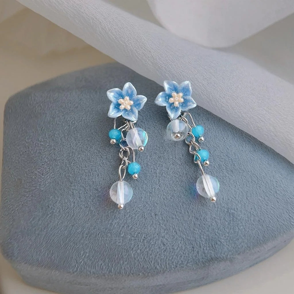 Handmade Blue Flower Glass Crystal Tassel Drop Earrings For Women Fresh Summer Style
