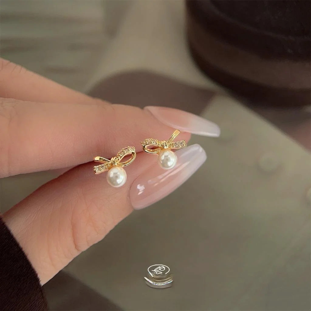 14K Plated Copper Mini Bow Pearl Stud Earrings Micro Pave Zircon Daily Versatile Jewelry