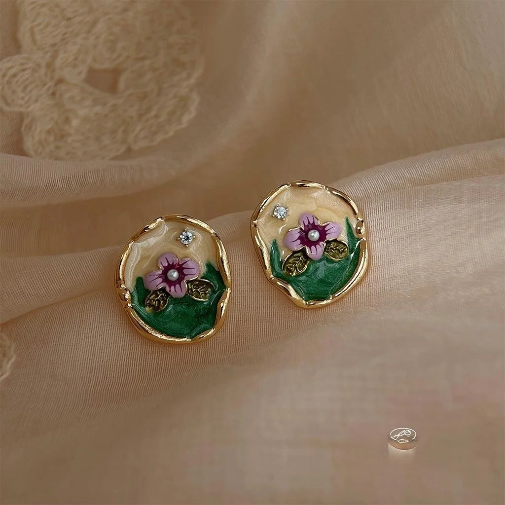 Copper 14K Gold Plated Enamel Painted Flower Stud Earrings Vintage Chinese Style