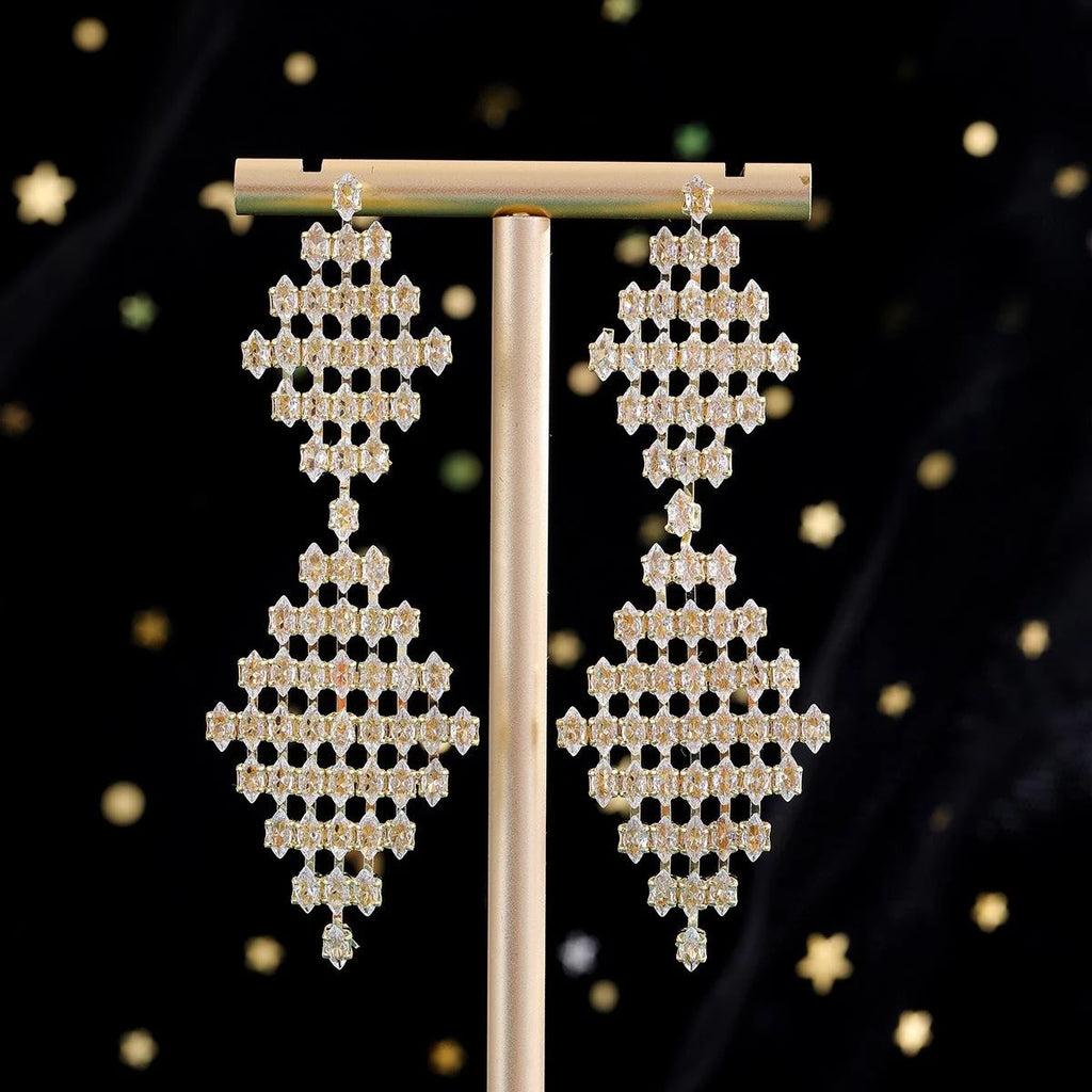 Luxury Geometric Diamond Shape Rhinestone Long Dangle Earrings For Wedding Party Banquet Fashion Jewelry