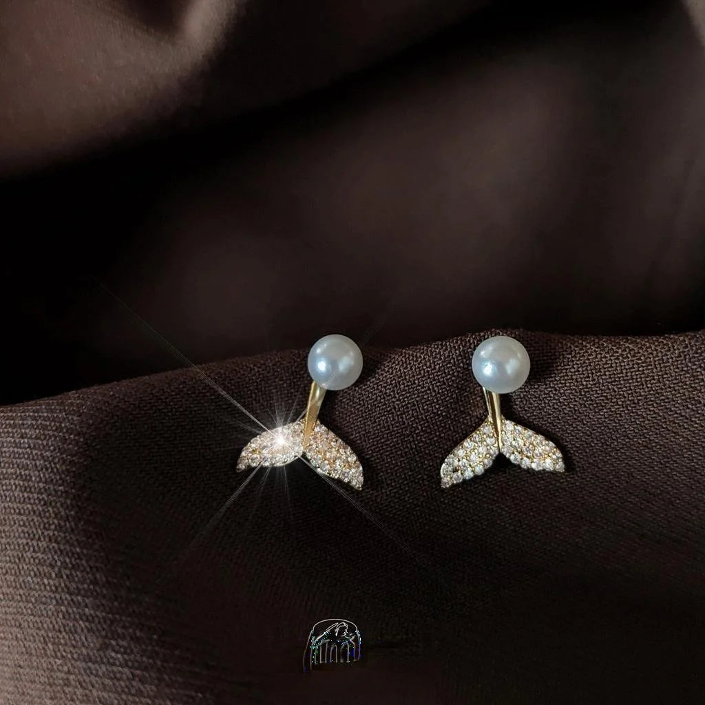 14K Plated Micro Pave Zircon Fishtail Pearl Stud Earrings Geometric Line Luxury Ear Jewelry