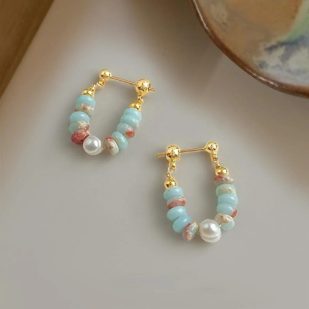 Premium New Chinese Style Synthetic Shoushan Stone Beaded Freshwater Pearl Copper Drop Earrings