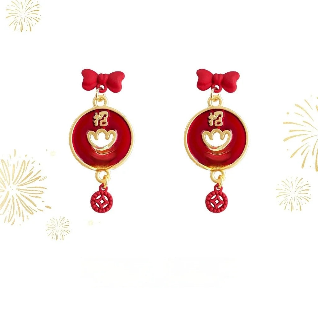Year Of Horse Chinese Style Red Enamel Copper Ingot Bow Geometric Drop Earrings
