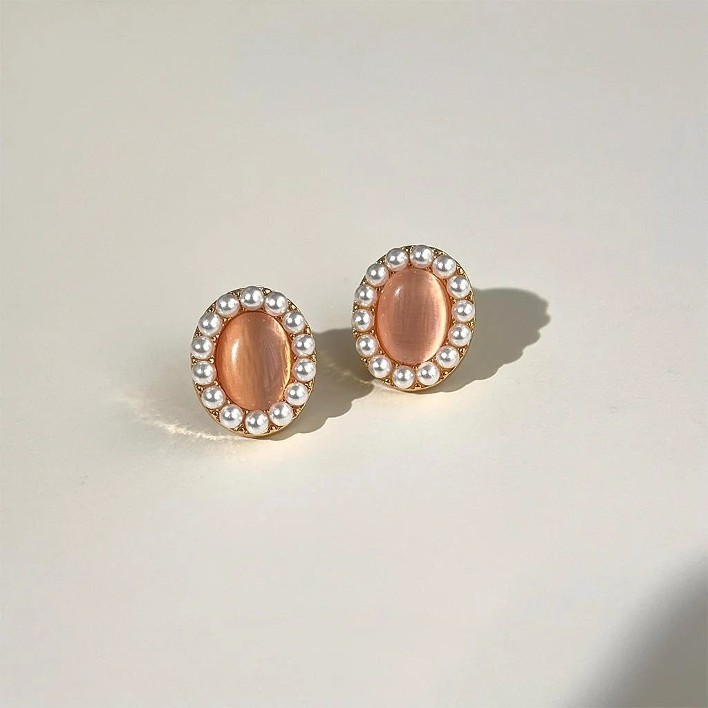 French Vintage 14K Plated Oval Glass Cat Eye Pearl Geometric Stud Earrings For Women