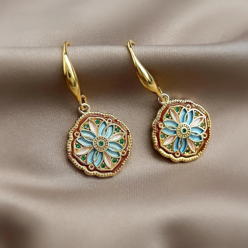 14K Gold Plated Copper Floral Geometric Drop Earrings Vintage Light Luxury Jewelry