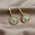 14K Gold Plated Copper Floral Geometric Drop Earrings Vintage Light Luxury Jewelry