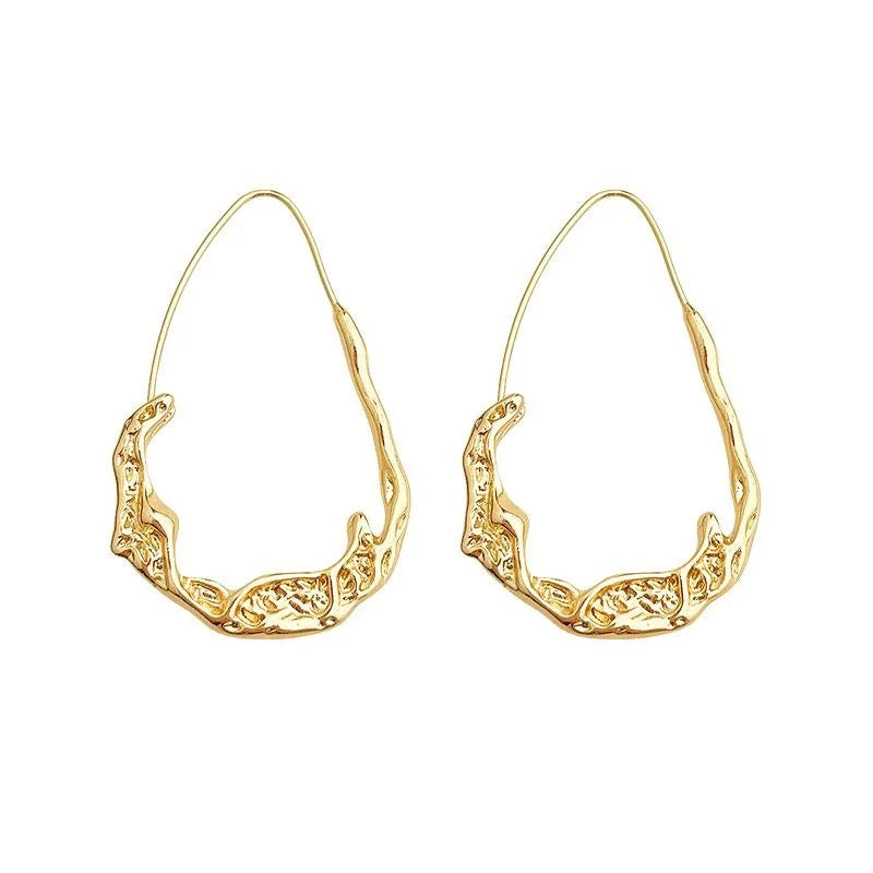Copper Gold Plated Irregular Waterdrop Hoop Earrings With Wrinkled Texture Minimalist Luxury Style