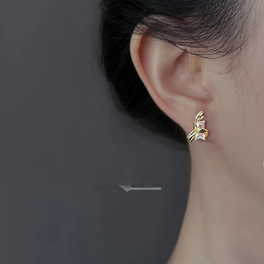 14K Plated Copper Micro Pave Zircon Ribbon Geometric Stud Earrings