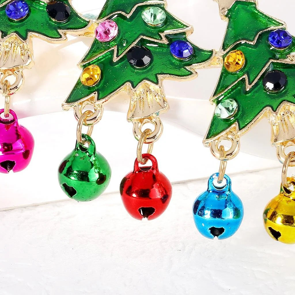 Cute Enamel Christmas Tree Brooch With Rhinestone Stars And Jingle Bells, Festive Lapel Pin Gift