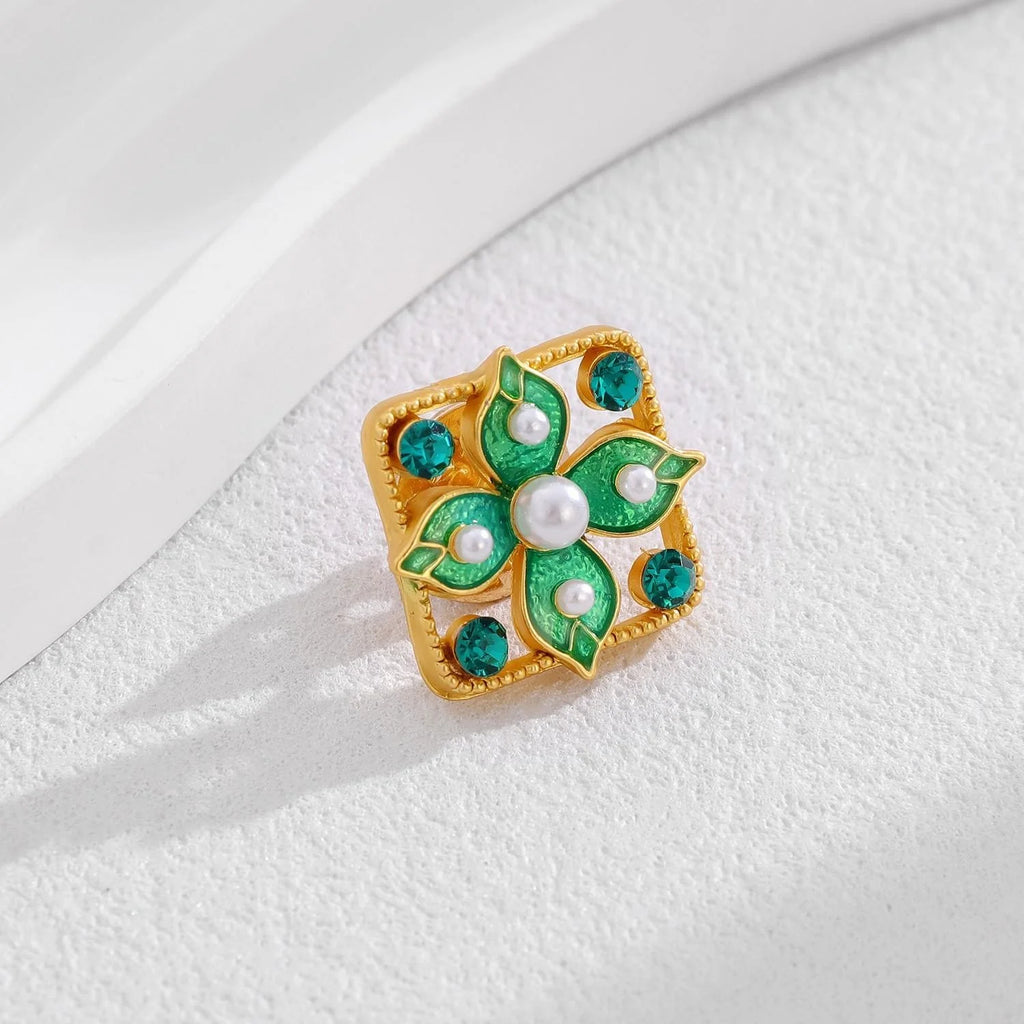 Vintage Green Enamel Flower Brooch With Faux Pearls And Rhinestones, Elegant Lapel Pin Suit Accessory