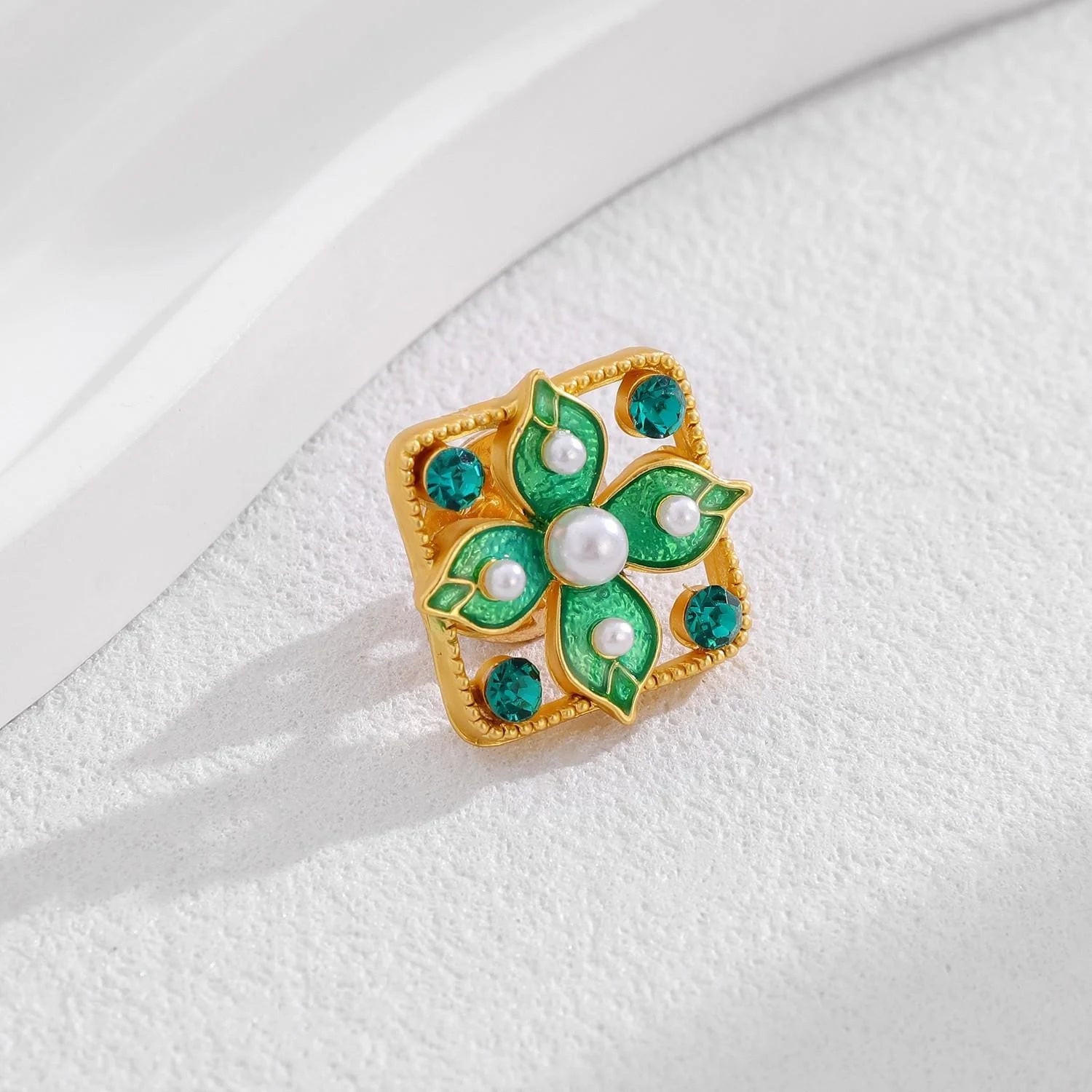 Vintage Green Enamel Flower Brooch With Faux Pearls And Rhinestones, Elegant Lapel Pin Suit Accessory