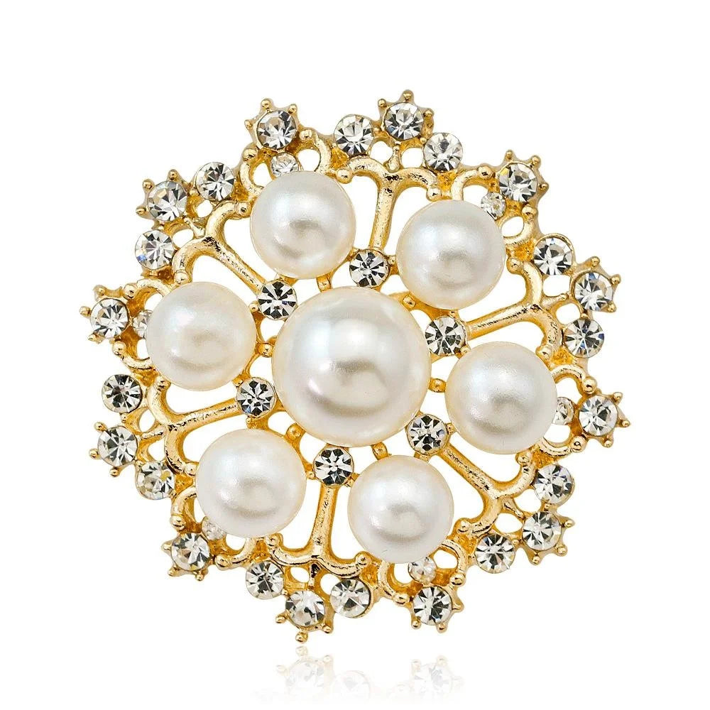 Elegant Korean Style Faux Pearl Rhinestone Flower Brooch, Gold Alloy Lapel Pin Corsage For Suits And Gifts