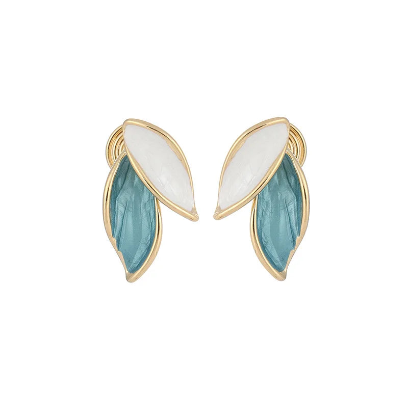 Elegant Blue And White Leaf Enamel Alloy Stud & Clip On No Piercing Spiral Gold Tone Women's Earrings