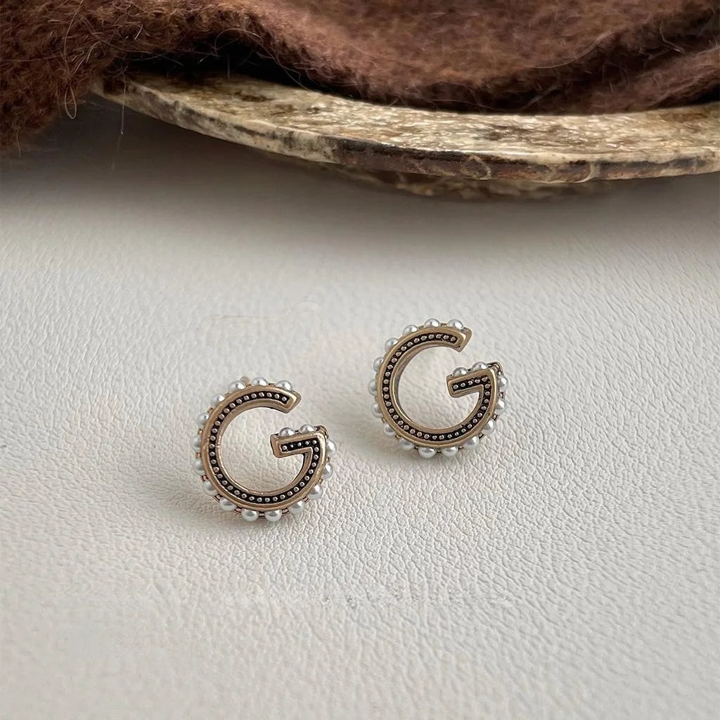 Vintage Letter G Pearl Stud Earrings Eco-Friendly Copper Versatile Fashion Jewelry