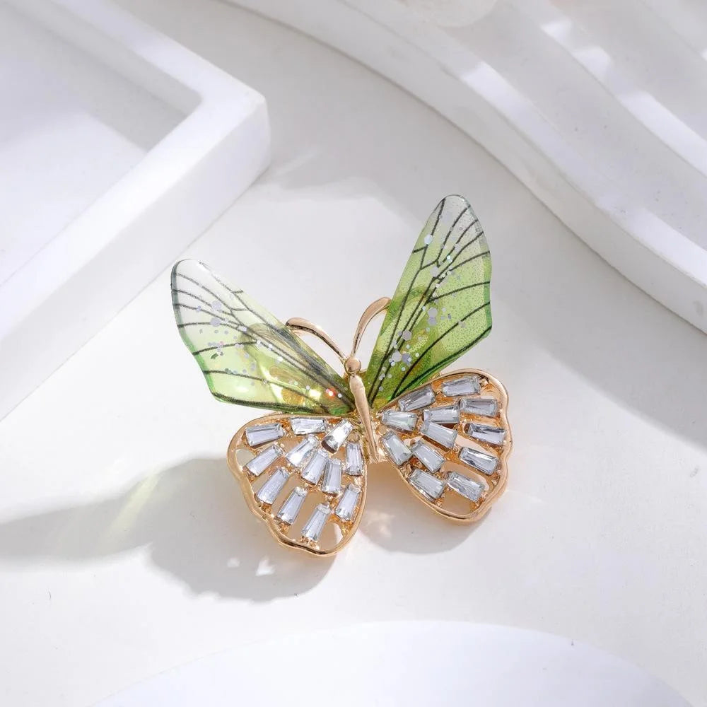 Elegant Butterfly Brooch With Rhinestone And Acrylic Wings, Gold Tone Alloy Lapel Pin Corsage Gift