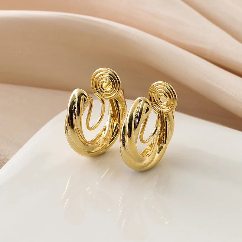 Luxury Elegant Gold Alloy Twisted Round Hoop Stud & Clip On No Piercing Chunky Metal Earrings