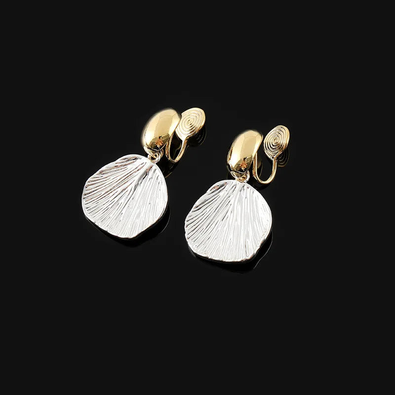 Vintage Two Tone Alloy Seashell Dangle Stud & Clip On No Piercing Elegant Metal Shell Earrings