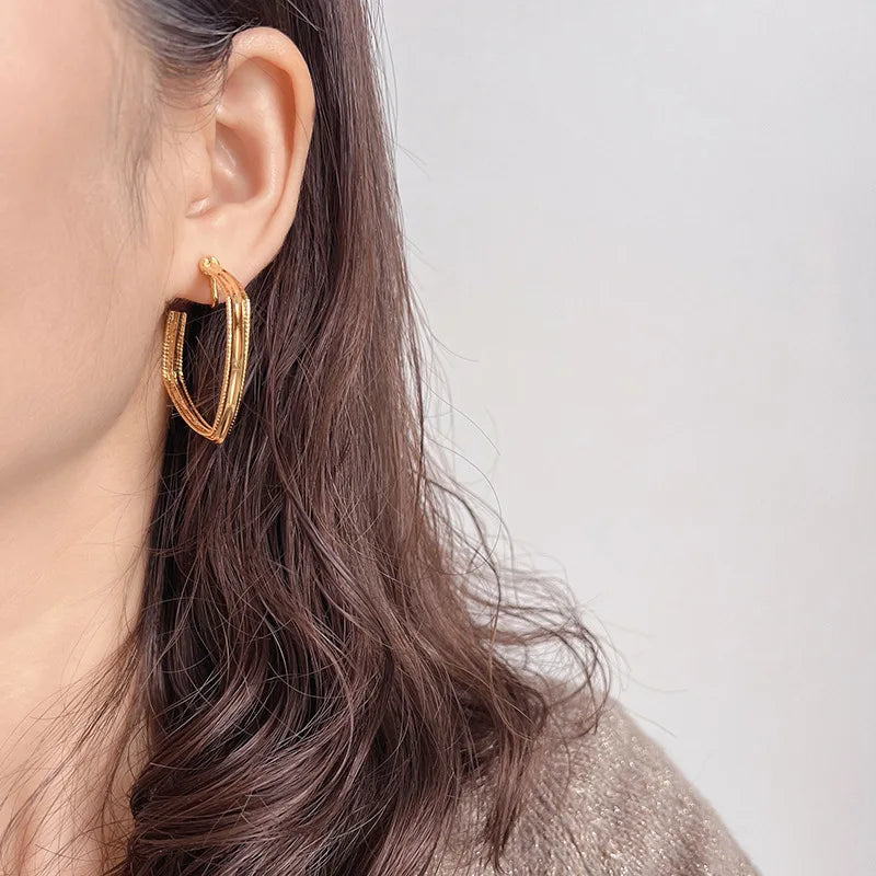 Elegant Gold Alloy Multi Layer Square Hoop Stud & Clip On No Piercing Geometric Hong Kong Style Earrings