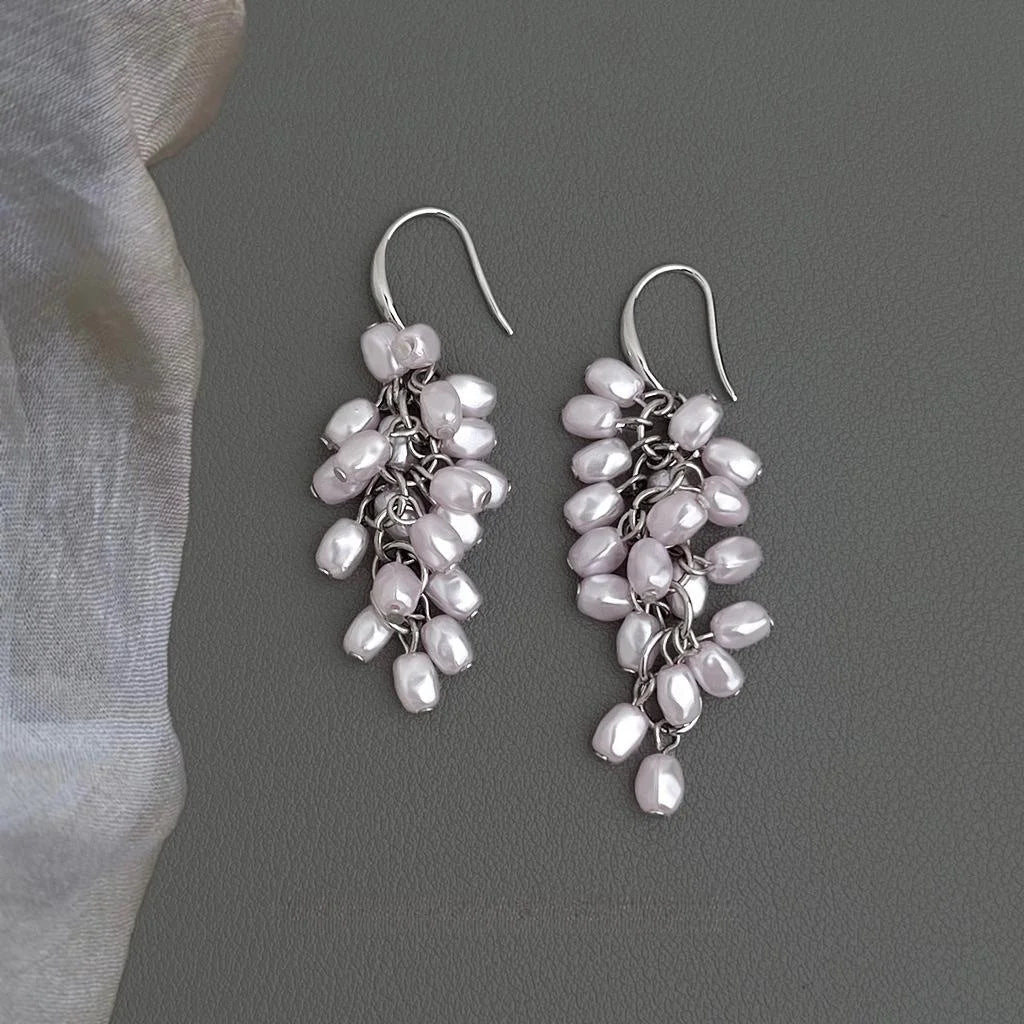 Purple Grape Irregular Pearl Tassel Drop Earrings Copper Sweet Fresh Summer Fashion Jewelry