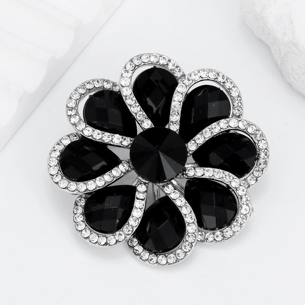 Elegant Black Crystal Flower Brooch With Rhinestone Trim, Alloy Lapel Pin Corsage For Women Gift