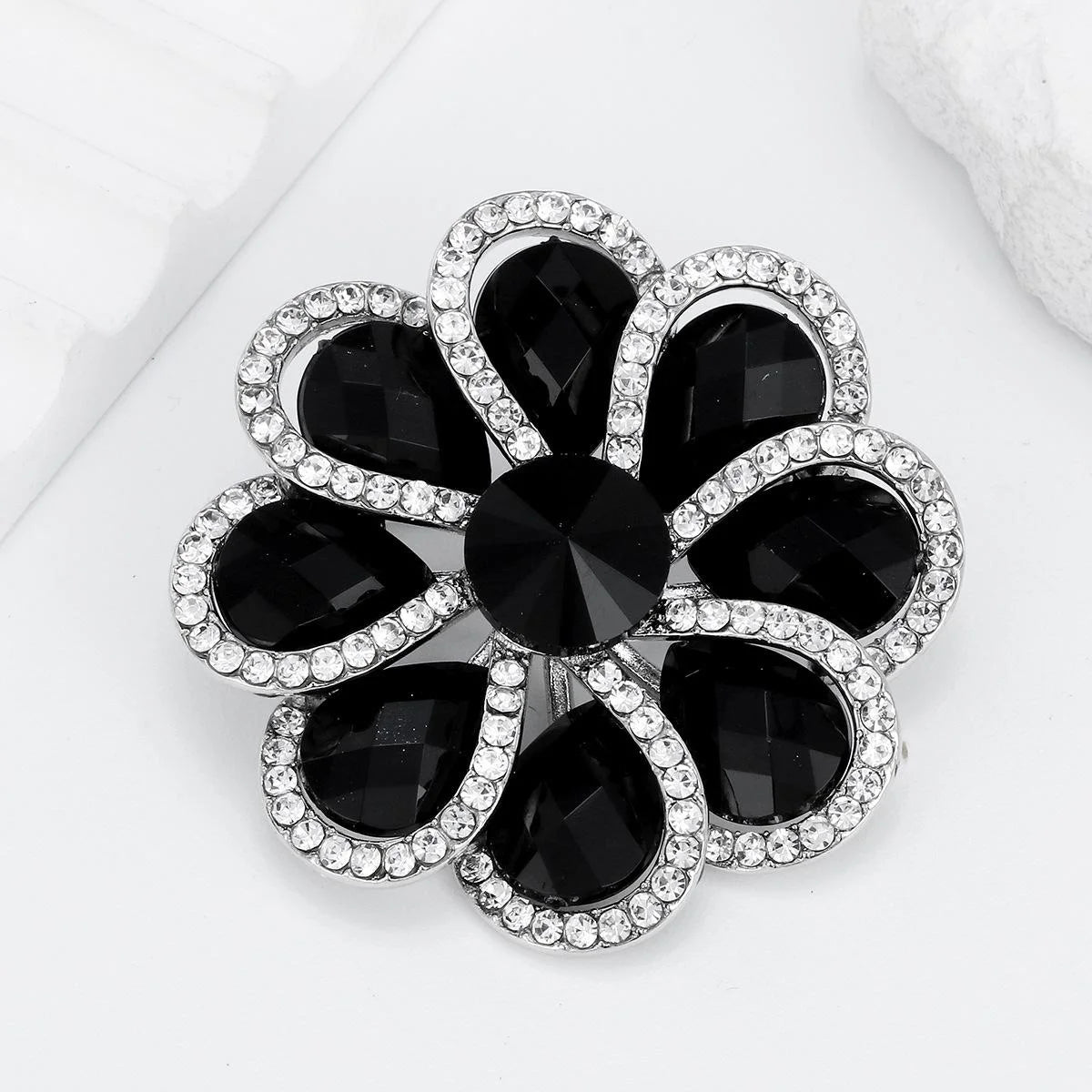 Elegant Black Crystal Flower Brooch With Rhinestone Trim, Alloy Lapel Pin Corsage For Women Gift