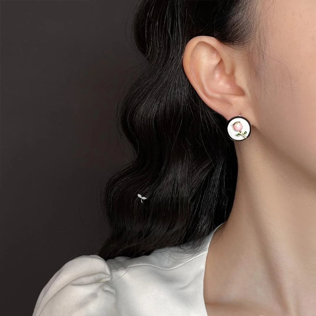 Pink Enamel Tulip Rose Flower Copper Stud Earrings Fresh Elegant Floral Jewelry