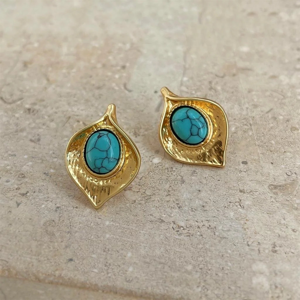 Vintage 14K Gold Plated Synthetic Turquoise Leaf Geometric Stud Earrings