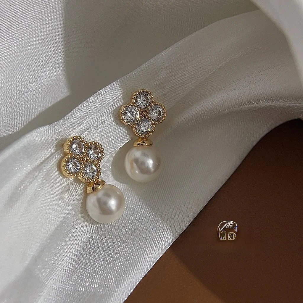 14K Gold Plated Copper Glass Pearl Flower Stud Earrings Elegant Micro Pave Zircon