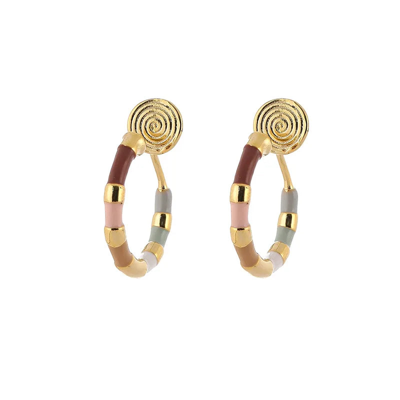 Colorblock Enamel Spiral Disc Hoop Alloy Stud & Clip On No Piercing Dopamine Statement Earrings
