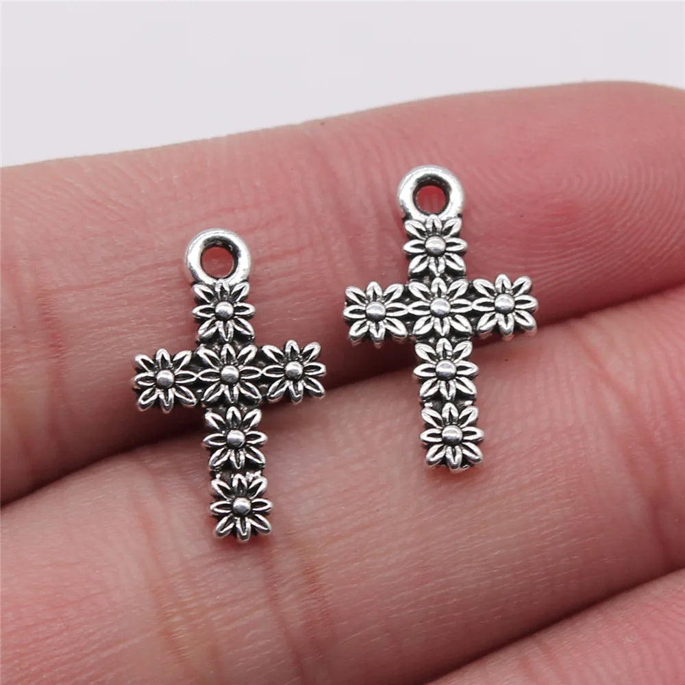 11x18mm 0.6g Antique Silver Zinc Alloy Flower Cross Charm Pendant for DIY Bracelet Necklace Making