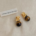 Vintage Maillard Tiger Eye Natural Stone Geometric Round Drop Earrings With Fluid Irregular Design
