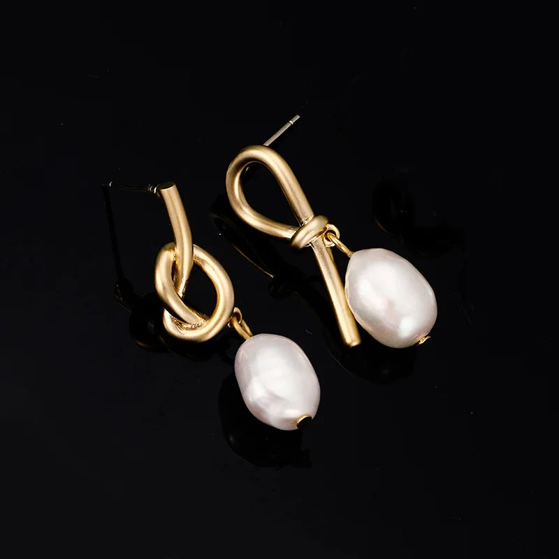 Luxury Elegant Gold Alloy Knot Spiral Baroque Freshwater Pearl Drop Stud & Clip On No Piercing Earrings